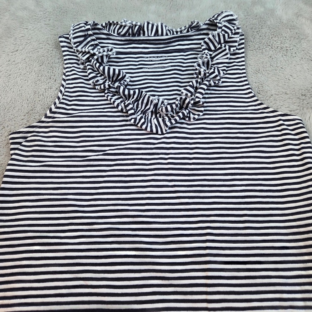 Talbots Tank Womens SP Ruffle Neck Striped Sleeveless Top Navy White Blue